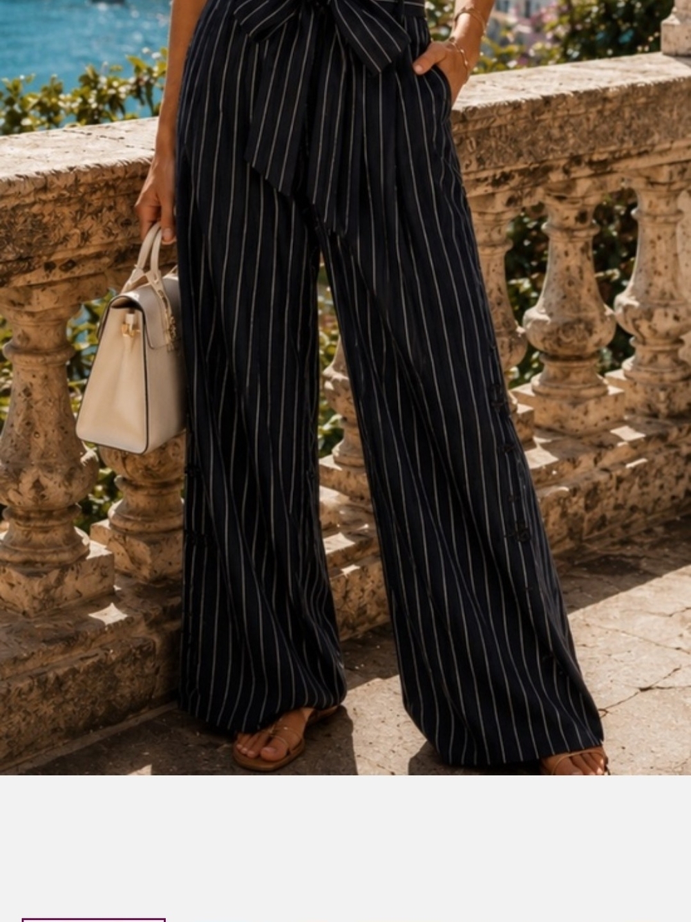 Express Navy Pinstripe High-Waist Wide-Leg Trousers with Self Tie - Picture 2 of 8